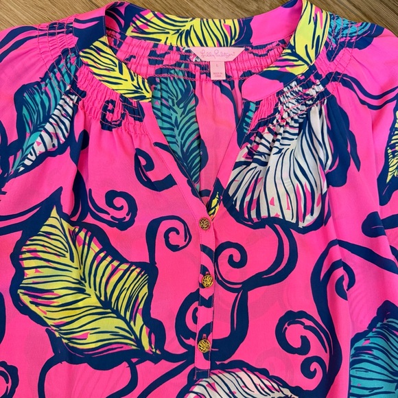 Lilly Pulitzer Elsa Top Leaves In The Breeze Pink Silk Blouse Tunic Size L - Picture 2 of 7